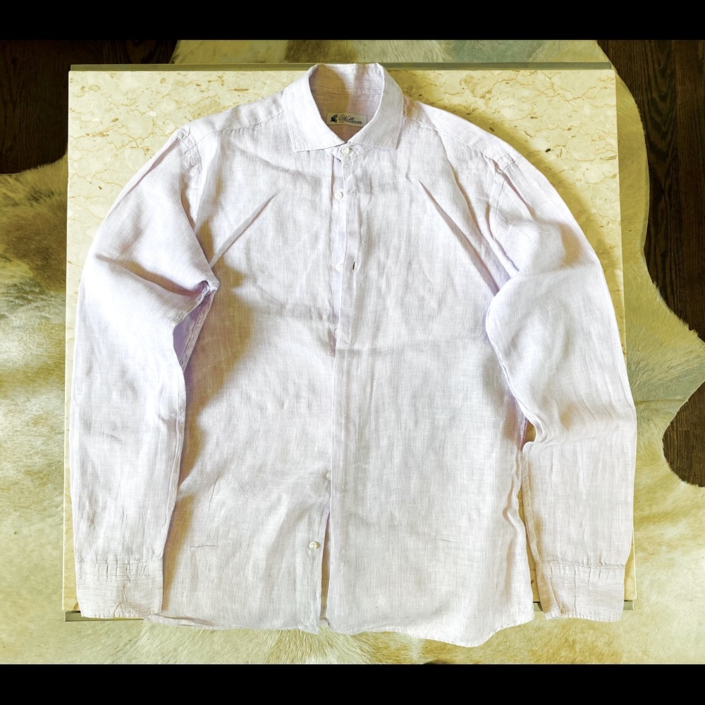 Mens Italian light purple striped linen shirt.